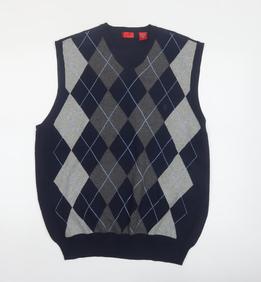 IZOD Men's Blue Argyle Cotton V-Neck Sleeveless Vest Jumper Size L