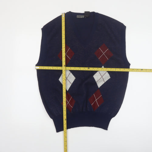 Andrew St. John Men's Blue Argyle Knit Sleeveless V-Neck Jumper Vest XL