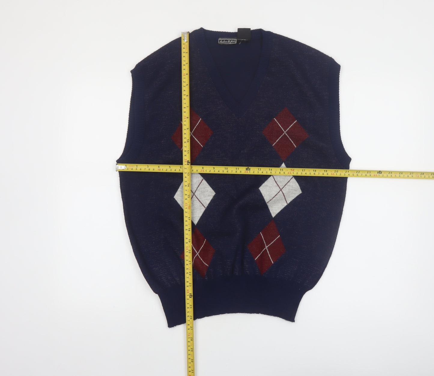 Andrew St. John Men's Blue Argyle Knit Sleeveless V-Neck Jumper Vest XL
