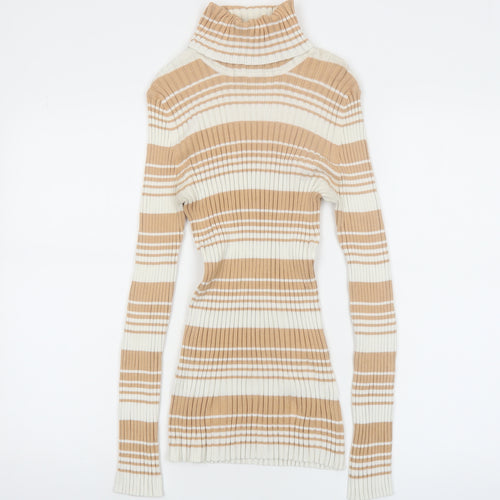 It's Our Time Women Beige Striped Roll Neck Ribbed Jumper Size L