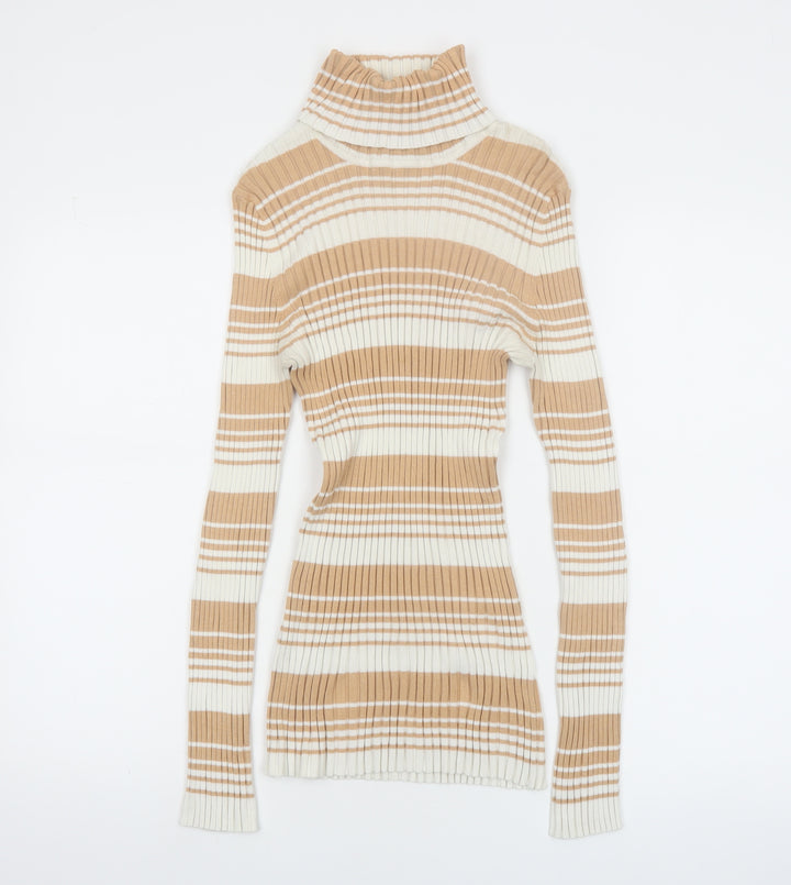 It's Our Time Women Beige Striped Roll Neck Ribbed Jumper Size L