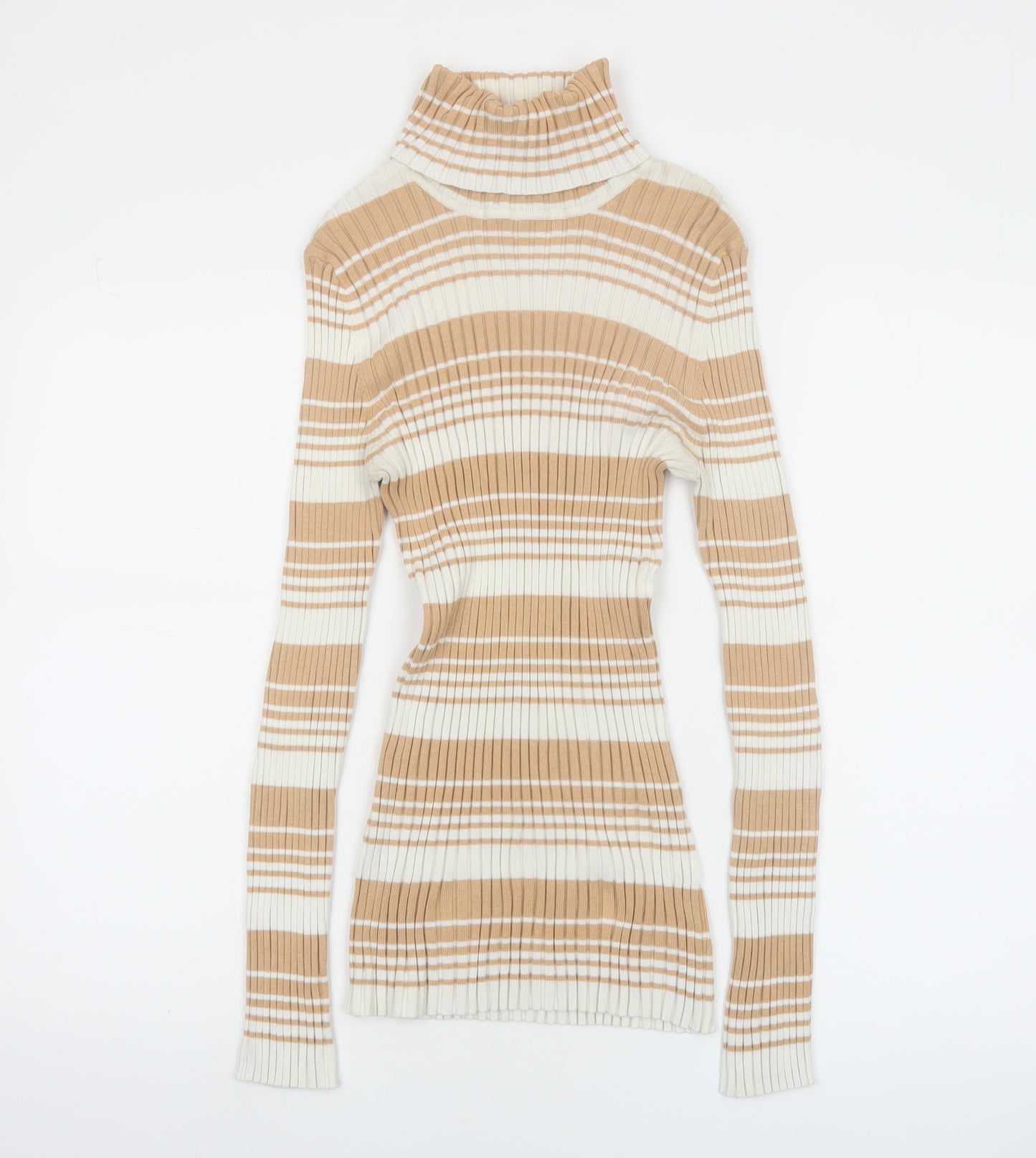 It's Our Time Women Beige Striped Roll Neck Ribbed Jumper Size L