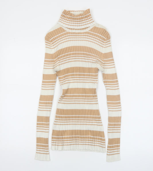 It's Our Time Women Beige Striped Roll Neck Ribbed Jumper Size L