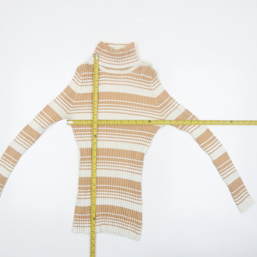 It's Our Time Women Beige Striped Roll Neck Ribbed Jumper Size L