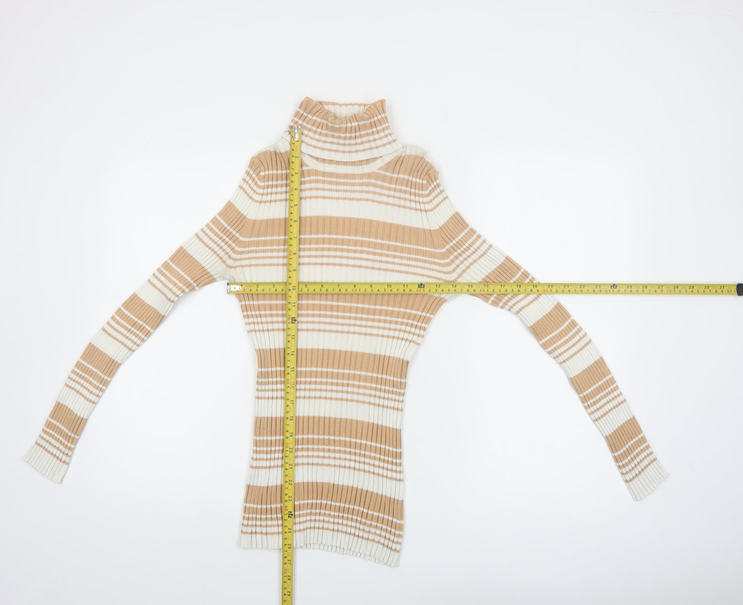 It's Our Time Women Beige Striped Roll Neck Ribbed Jumper Size L
