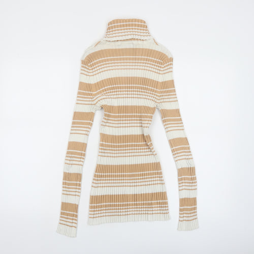 It's Our Time Women Beige Striped Roll Neck Ribbed Jumper Size L