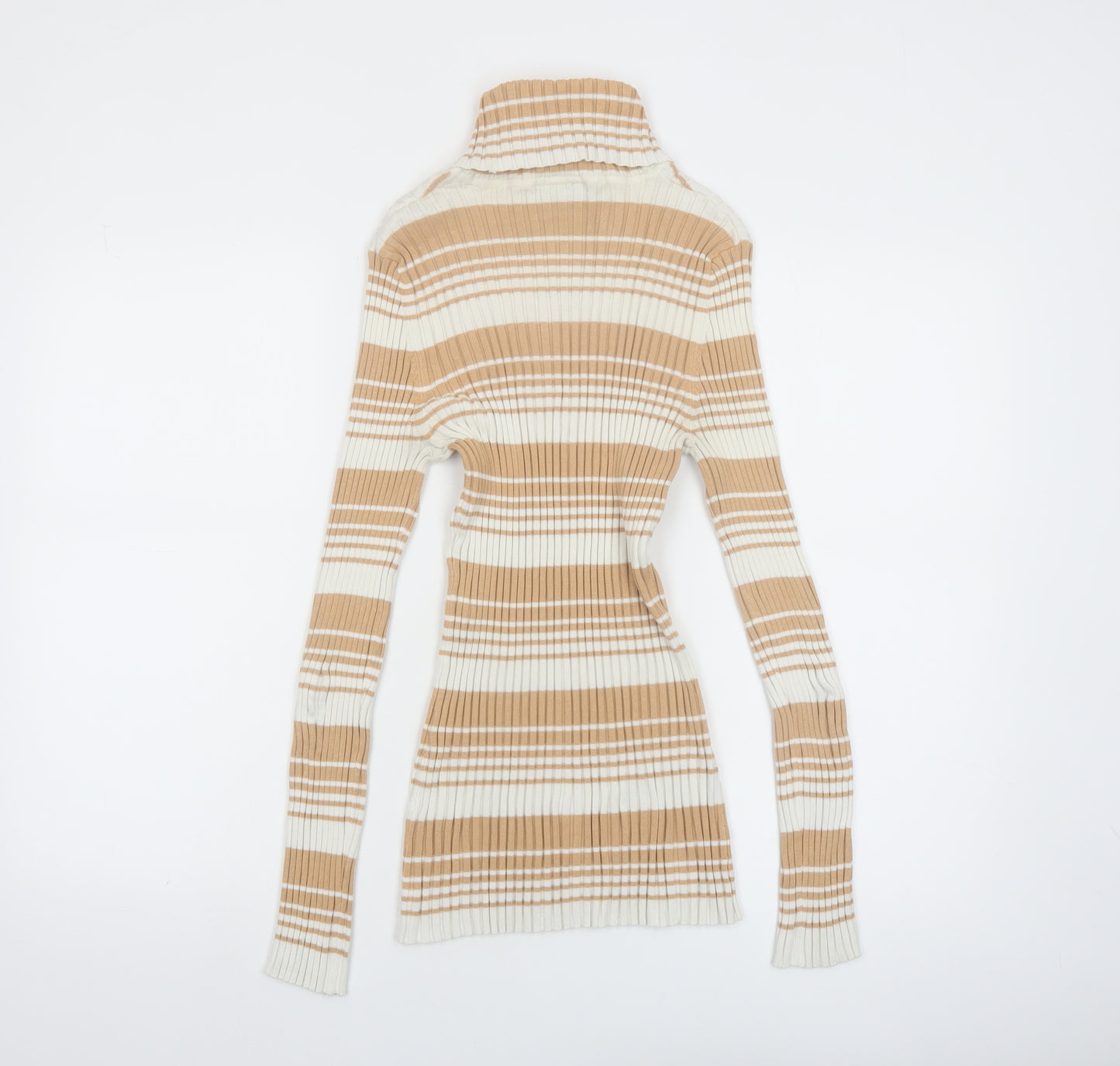 It's Our Time Women Beige Striped Roll Neck Ribbed Jumper Size L