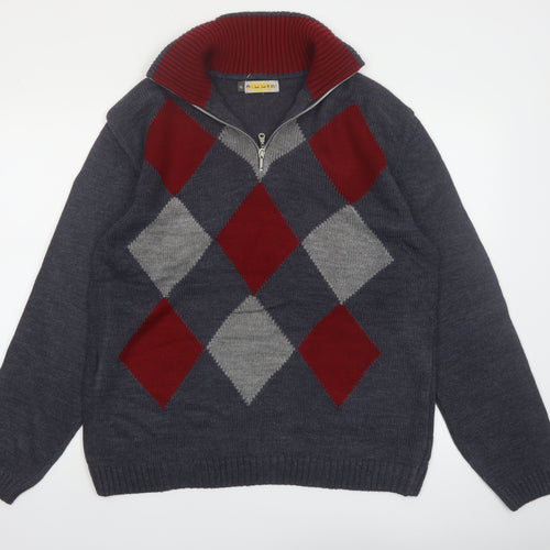 Jeep by Dandy Men's Grey Argyle 1/2 Zip Wool Blend Jumper XL