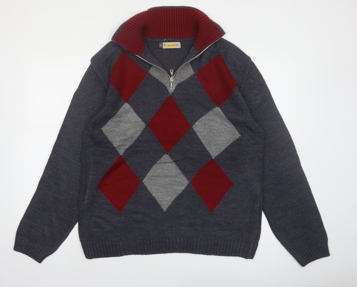 Jeep by Dandy Men's Grey Argyle 1/2 Zip Wool Blend Jumper XL