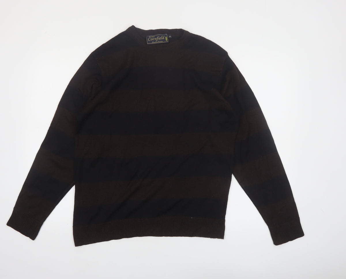 Back view of Cornfield Men's Brown Striped Crew Neck Knit Jumper, size M