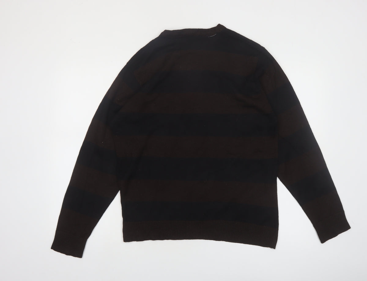 Brand and care label for Cornfield Men's Brown Striped Crew Neck Knit Jumper, size M