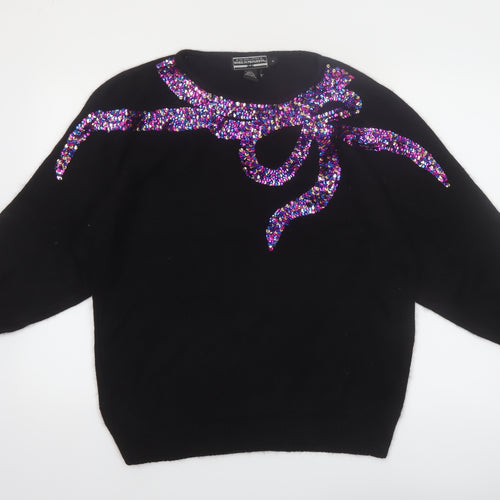 Work In Progress Womens Black Sequin Bow 80s Silk Blend Jumper M