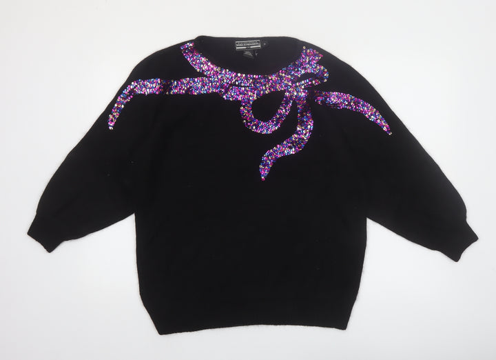 Work In Progress Womens Black Sequin Bow 80s Silk Blend Jumper M