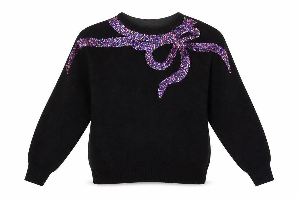 Front view of Work In Progress women’s black sequin bow 80s silk blend jumper m