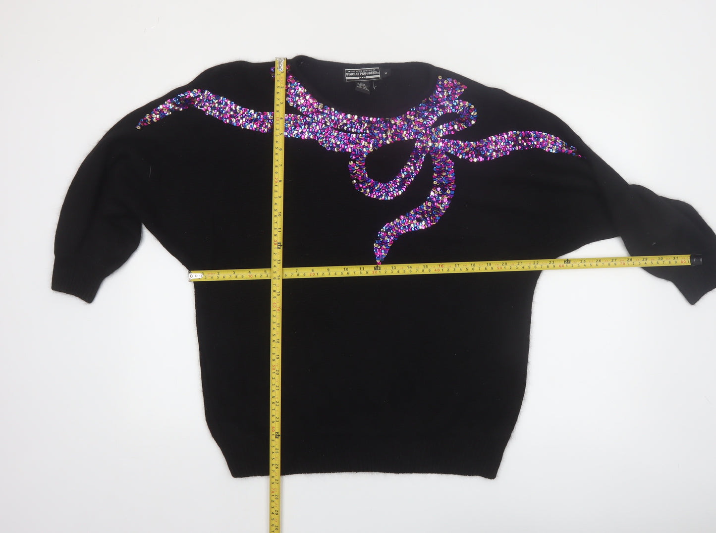 Work In Progress Womens Black Sequin Bow 80s Silk Blend Jumper M