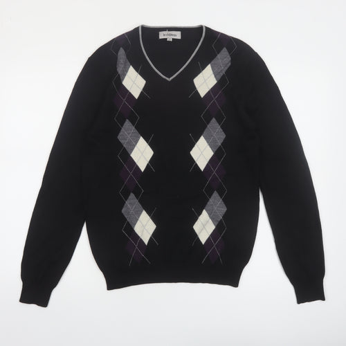 Le Chateau Men's Black Argyle Wool Blend V-Neck Jumper Size S