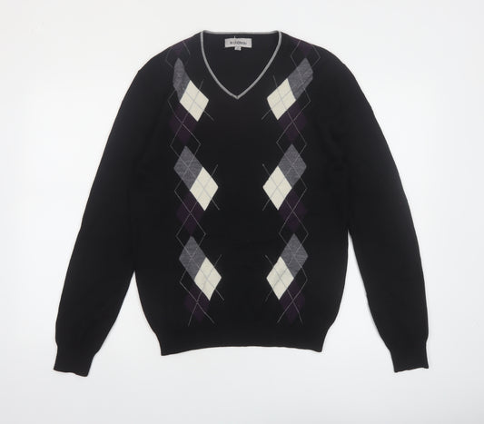 Le Chateau Men's Black Argyle Wool Blend V-Neck Jumper Size S