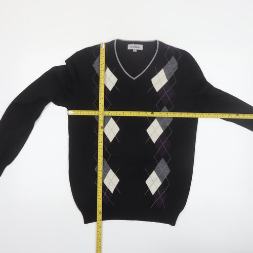 Le Chateau Men's Black Argyle Wool Blend V-Neck Jumper Size S