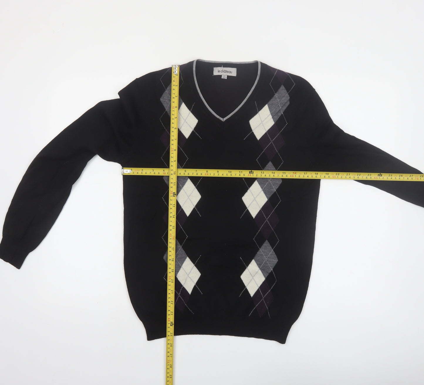 Le Chateau Men's Black Argyle Wool Blend V-Neck Jumper Size S