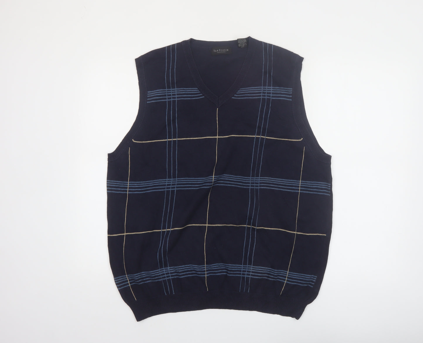 Van Heusen Men's Blue Check Cotton V-Neck Sleeveless Vest L