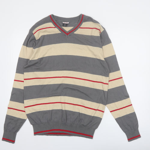 TEX-BAY Men’s Grey Beige Striped V-Neck Cotton Jumper Size L