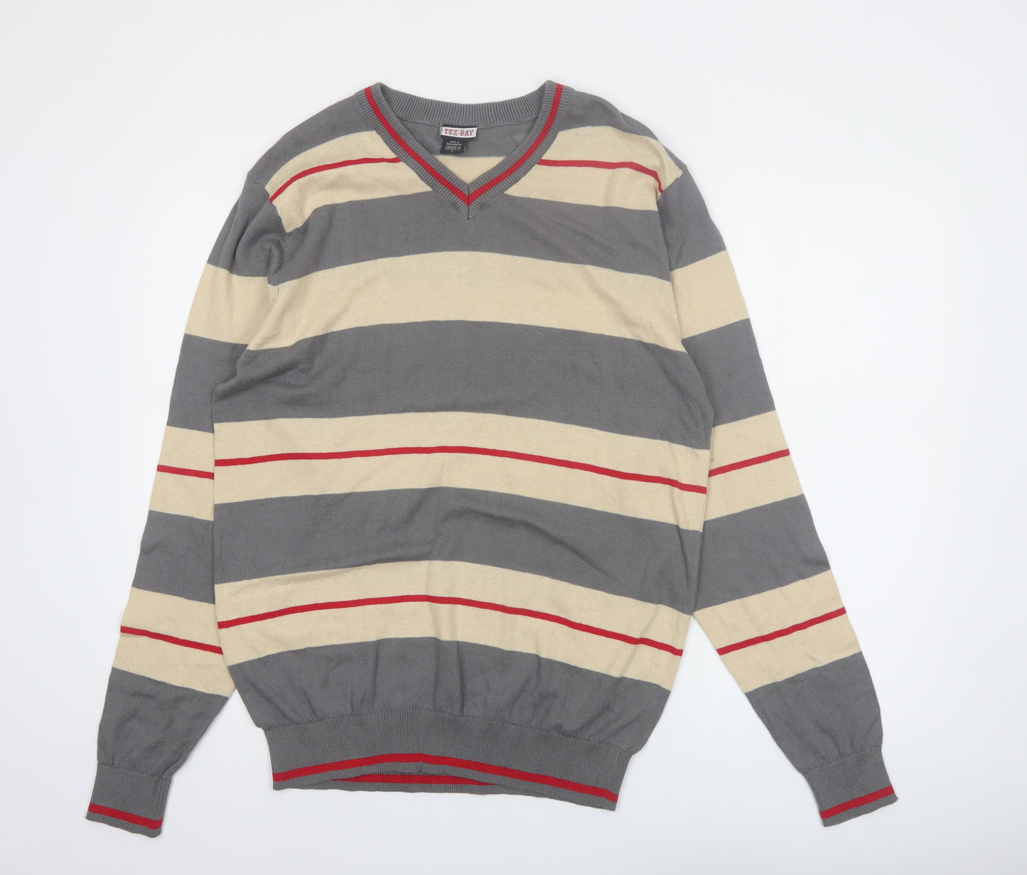 TEX-BAY Men’s Grey Beige Striped V-Neck Cotton Jumper Size L