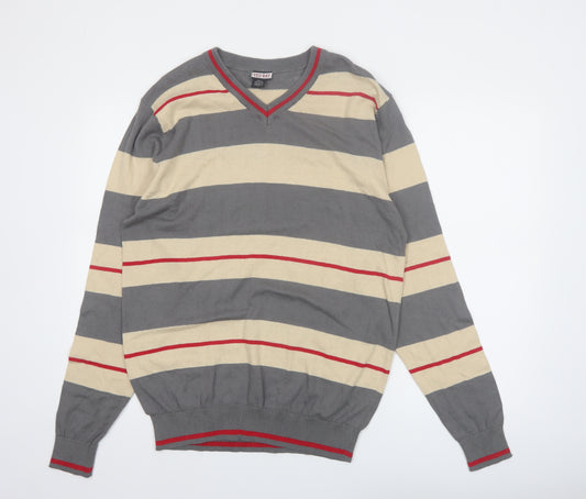 TEX-BAY Men’s Grey Beige Striped V-Neck Cotton Jumper Size L