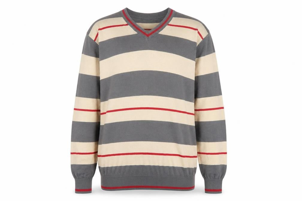Front view of TEX-BAY Men’s Grey Beige Striped V-Neck Cotton Jumper, size L