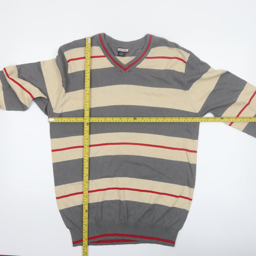 TEX-BAY Men’s Grey Beige Striped V-Neck Cotton Jumper Size L