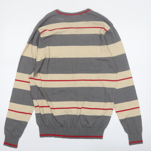 TEX-BAY Men’s Grey Beige Striped V-Neck Cotton Jumper Size L