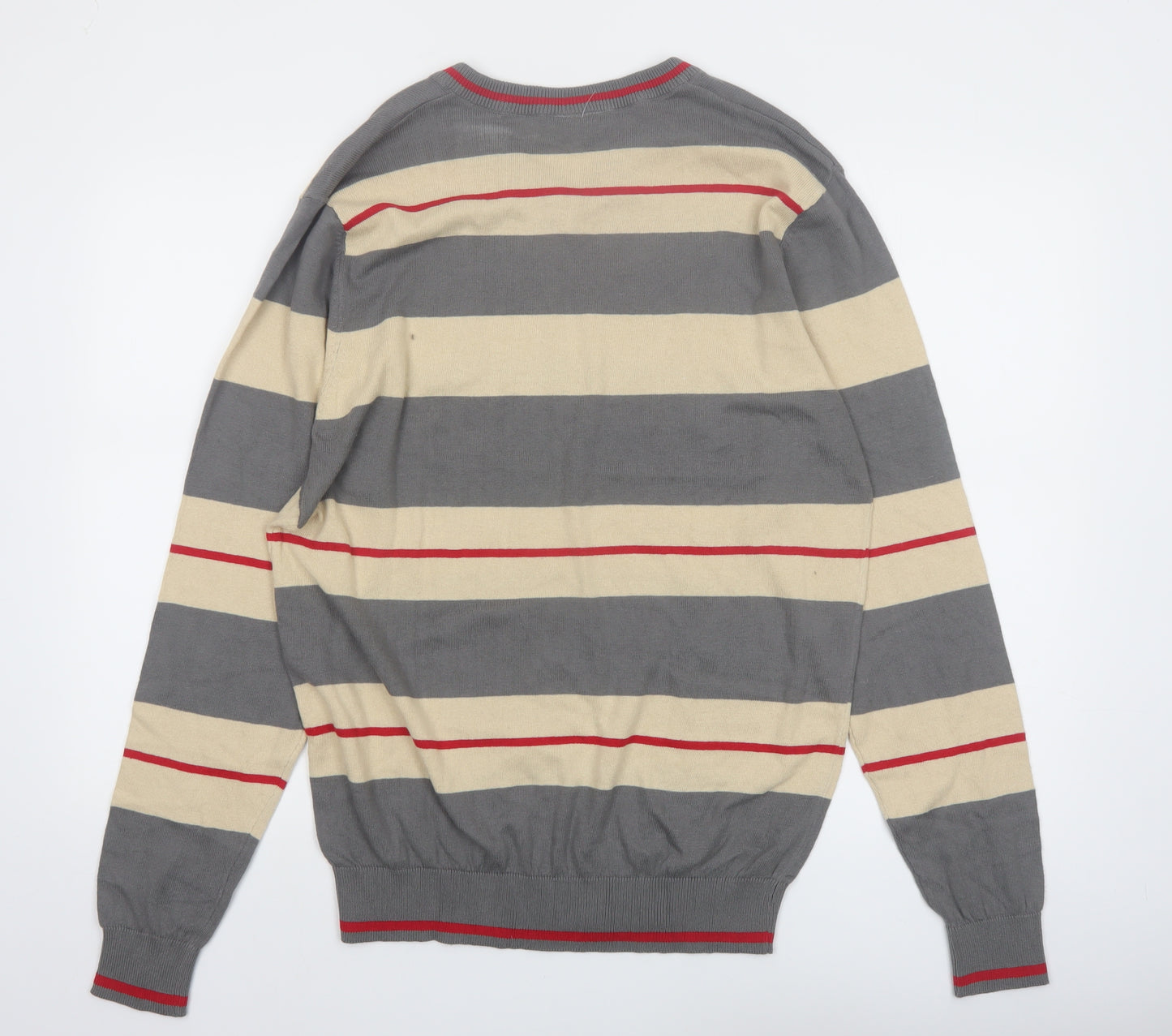 TEX-BAY Men’s Grey Beige Striped V-Neck Cotton Jumper Size L