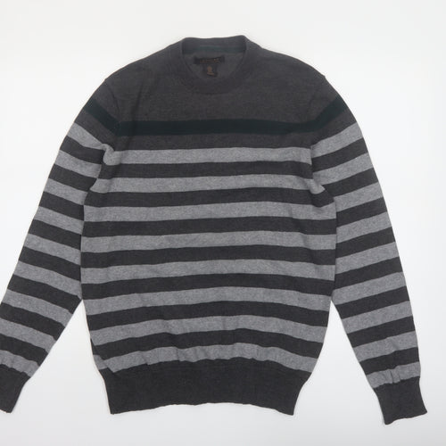 Lachlan Men's Grey Striped Cotton Crew Neck Jumper Size M