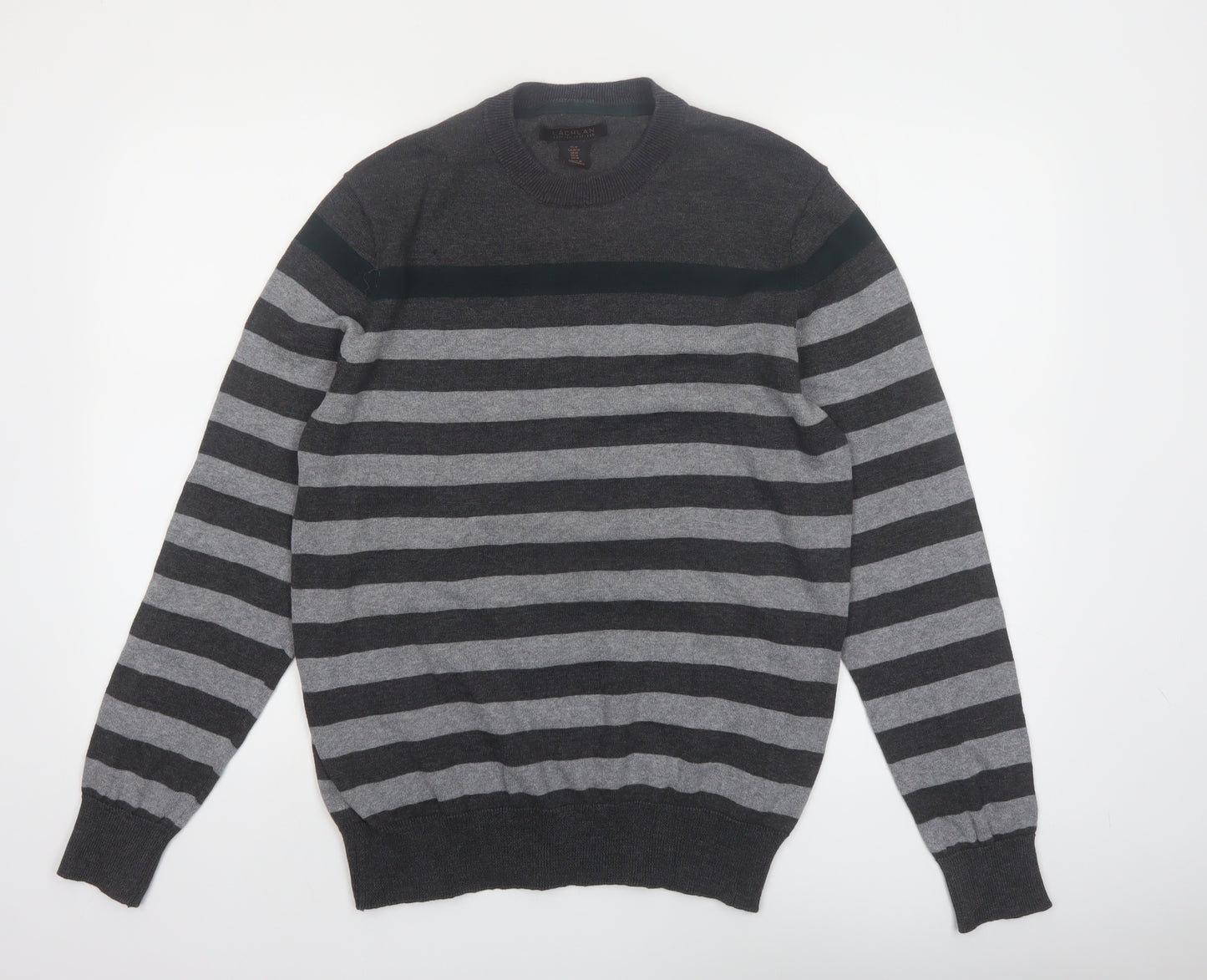 Lachlan Men's Grey Striped Cotton Crew Neck Jumper Size M