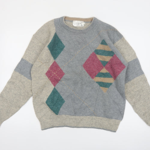 F.I. Moderna Men's Grey Wool Argyle Pullover Jumper M