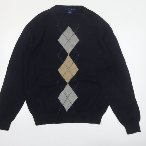 Falls Creek Men's Blue Argyle Cotton Crew Neck Jumper Size L