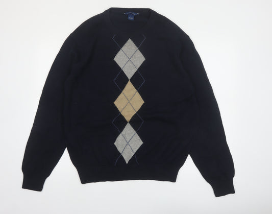 Falls Creek Men's Blue Argyle Cotton Crew Neck Jumper Size L
