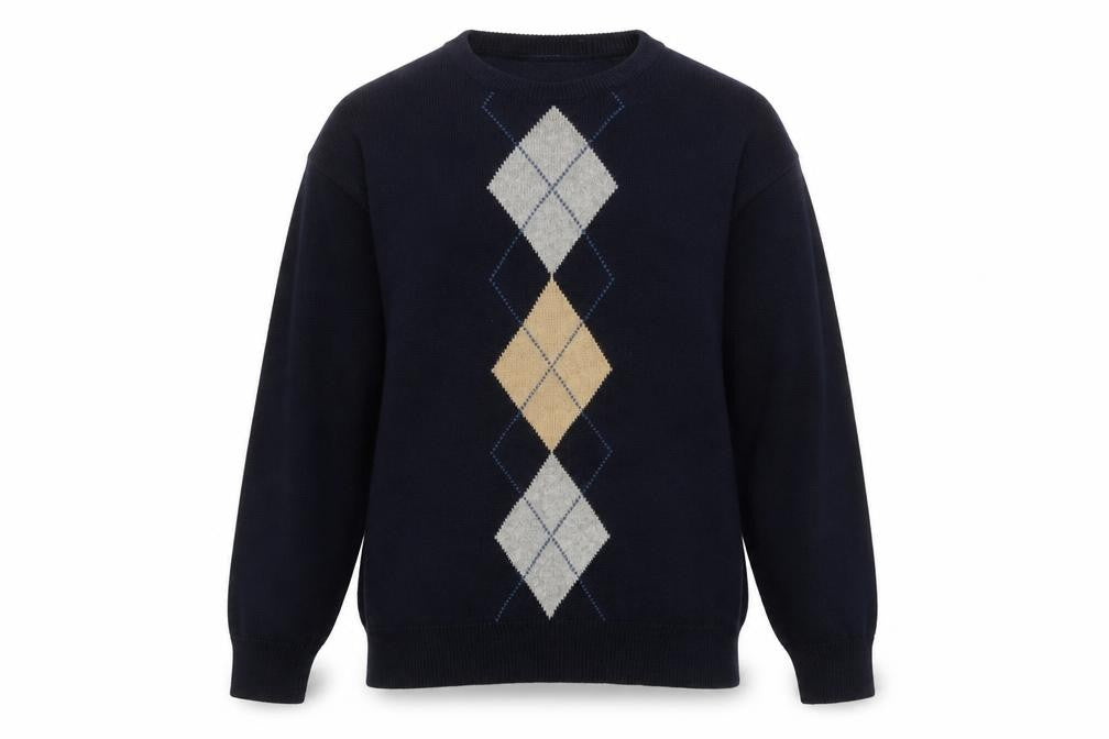 Front view of Falls Creek Men's Blue Argyle Cotton Crew Neck Jumper, size L