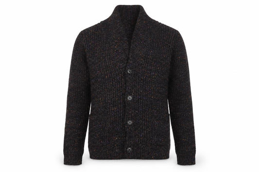 Front view of Pebble Beach men’s black wool blend cardigan xl rib knit classic style
