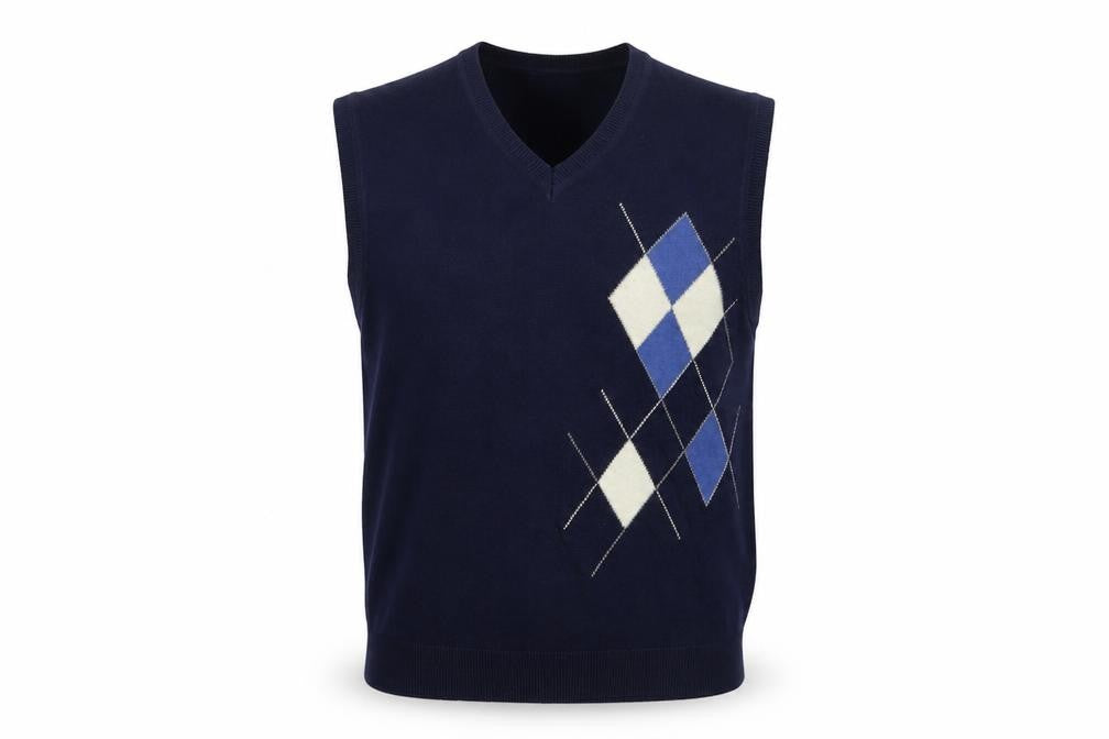 Front view of IZOD men’s blue argyle golf cotton sleeveless vest s