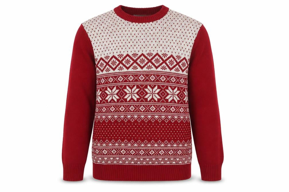 Front view of Dockers Men's Red Fair Isle Cotton Christmas Jumper, size S