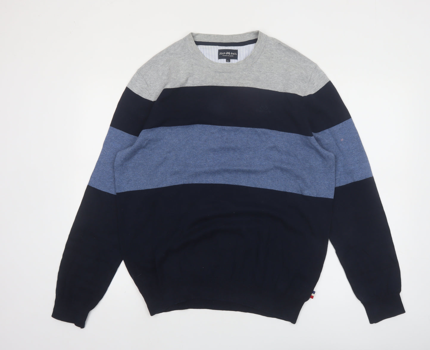 Jean Paul Mens Blue Striped Cotton Crew Neck Jumper L