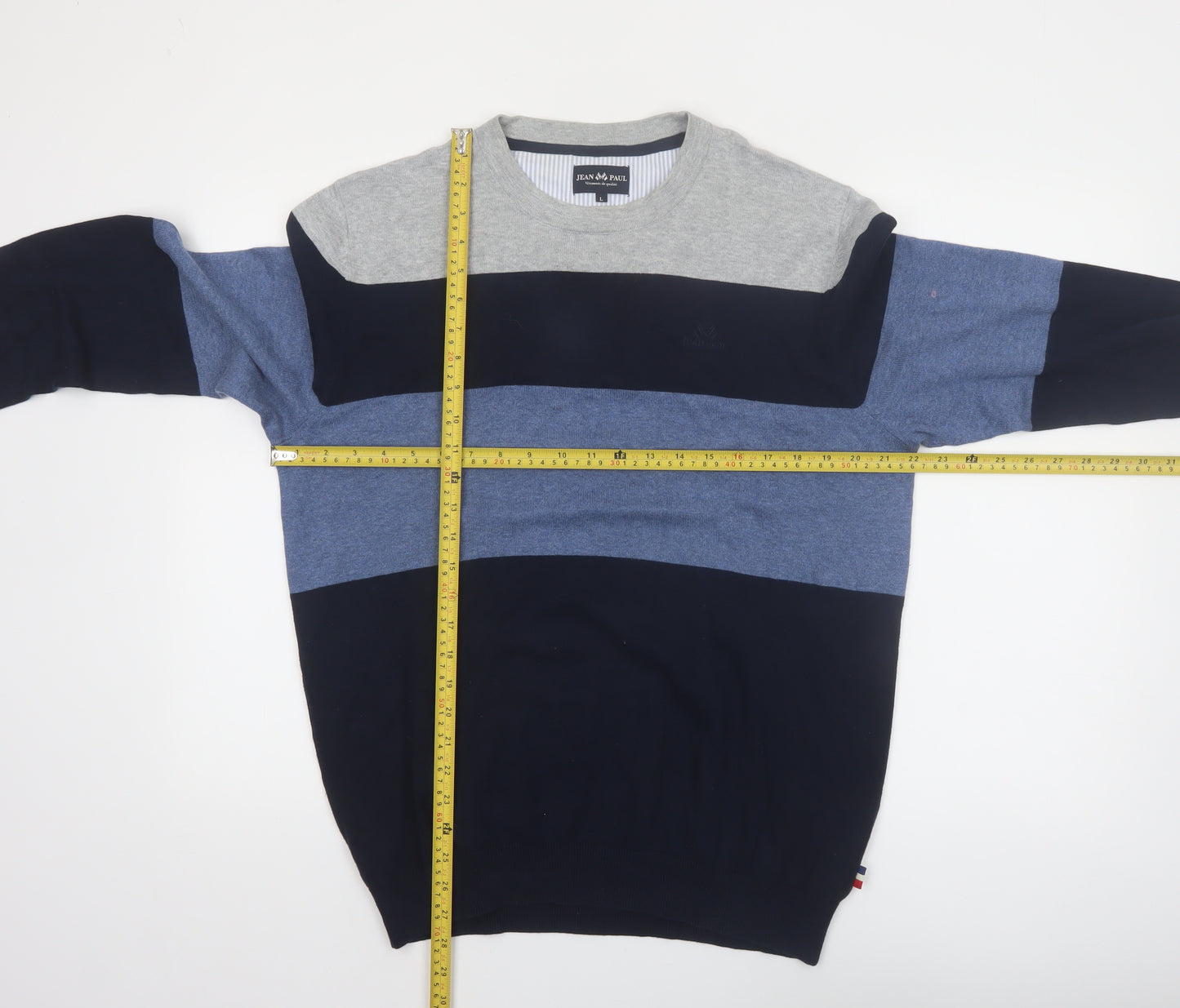 Jean Paul Mens Blue Striped Cotton Crew Neck Jumper L