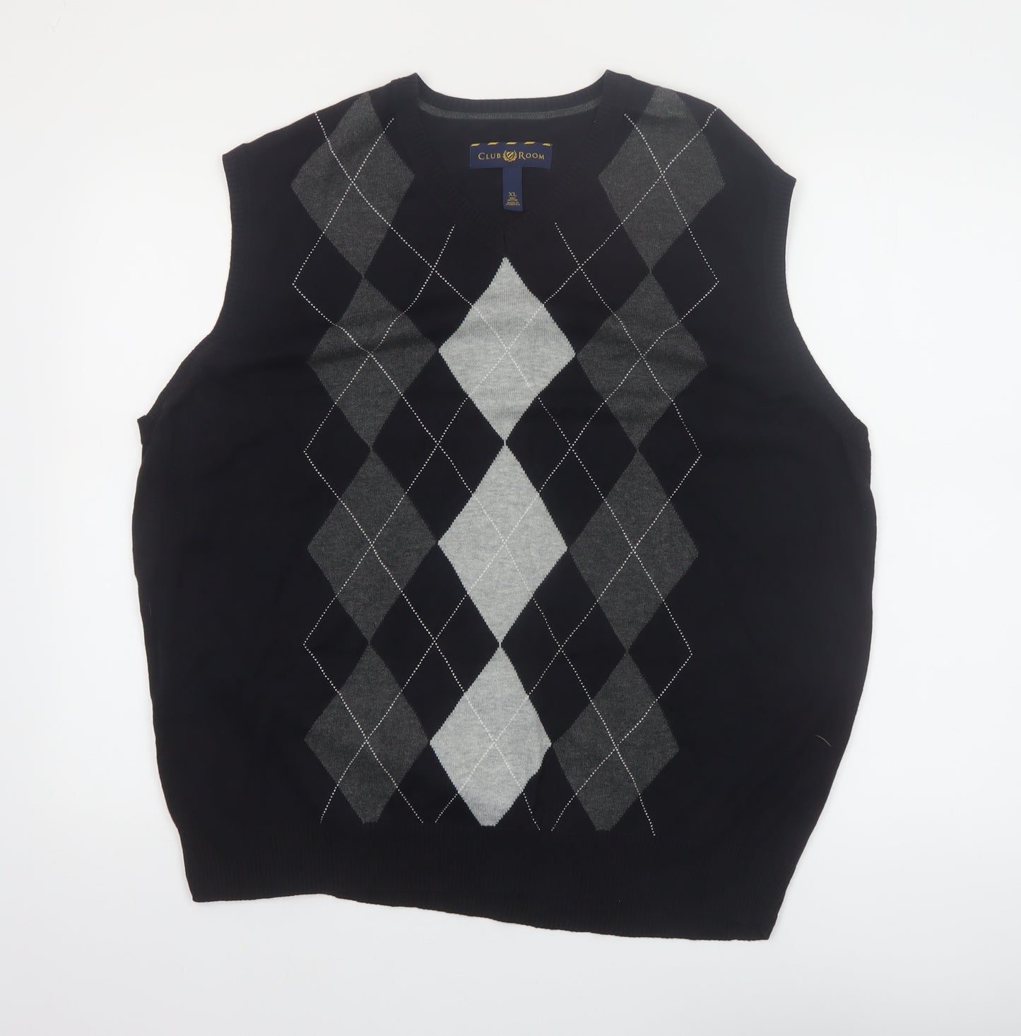 Club Room Men Black Argyle Cotton V-Neck Sleeveless Jumper XL