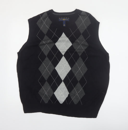 Club Room Men Black Argyle Cotton V-Neck Sleeveless Jumper XL