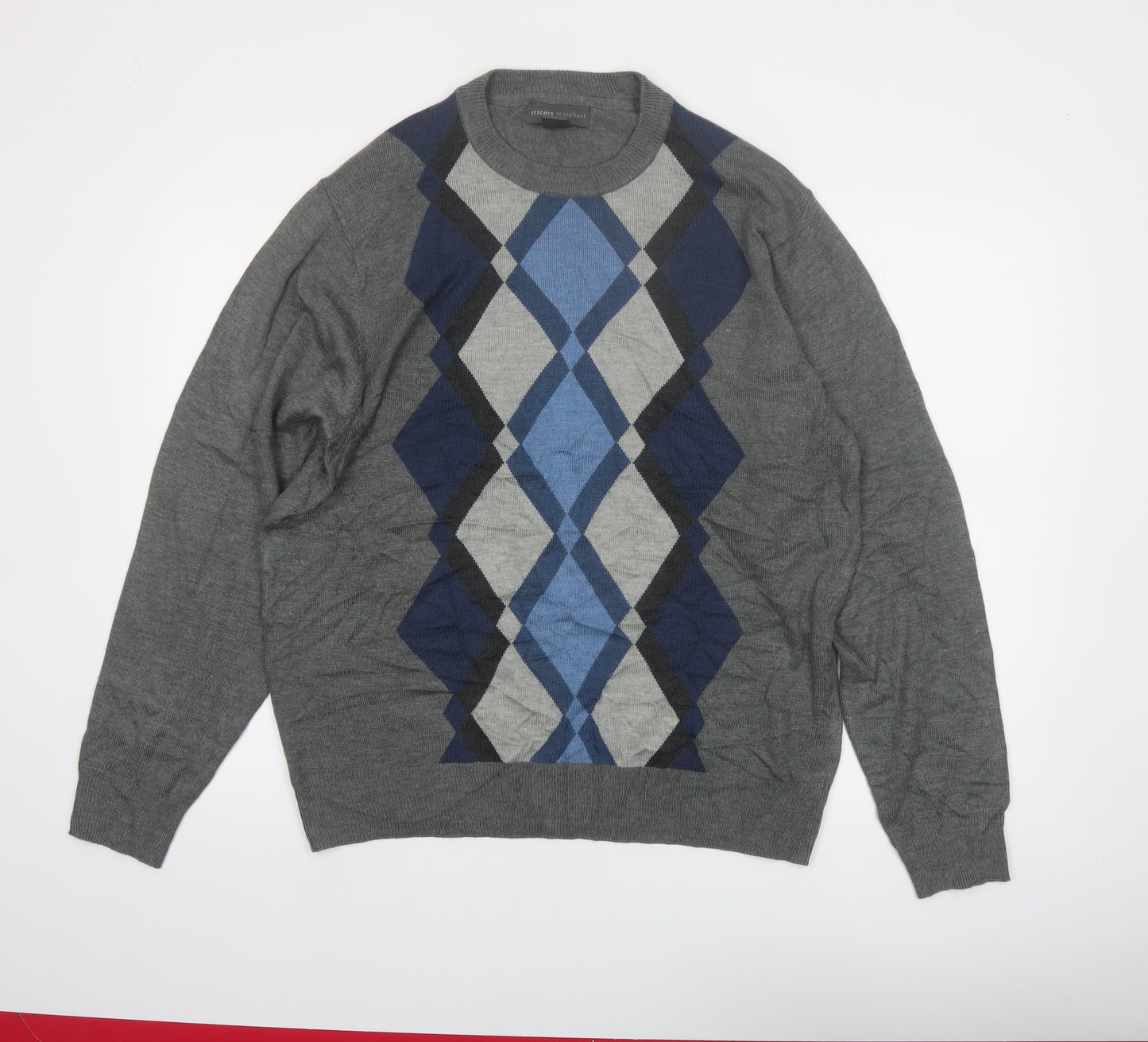 Tricots St Raphael Men's Grey Argyle Acrylic Pullover Jumper L