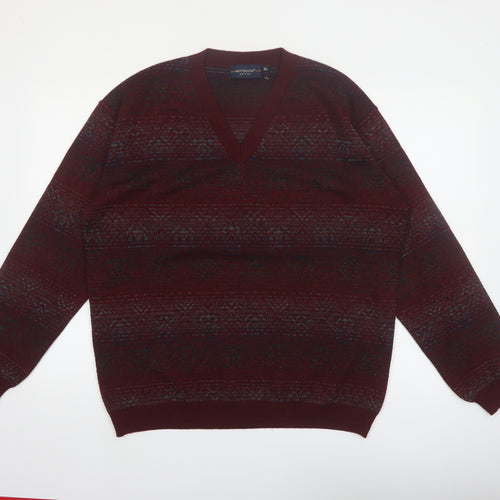 Montecatini Men's Red Fair Isle Wool Blend V-Neck Jumper XL