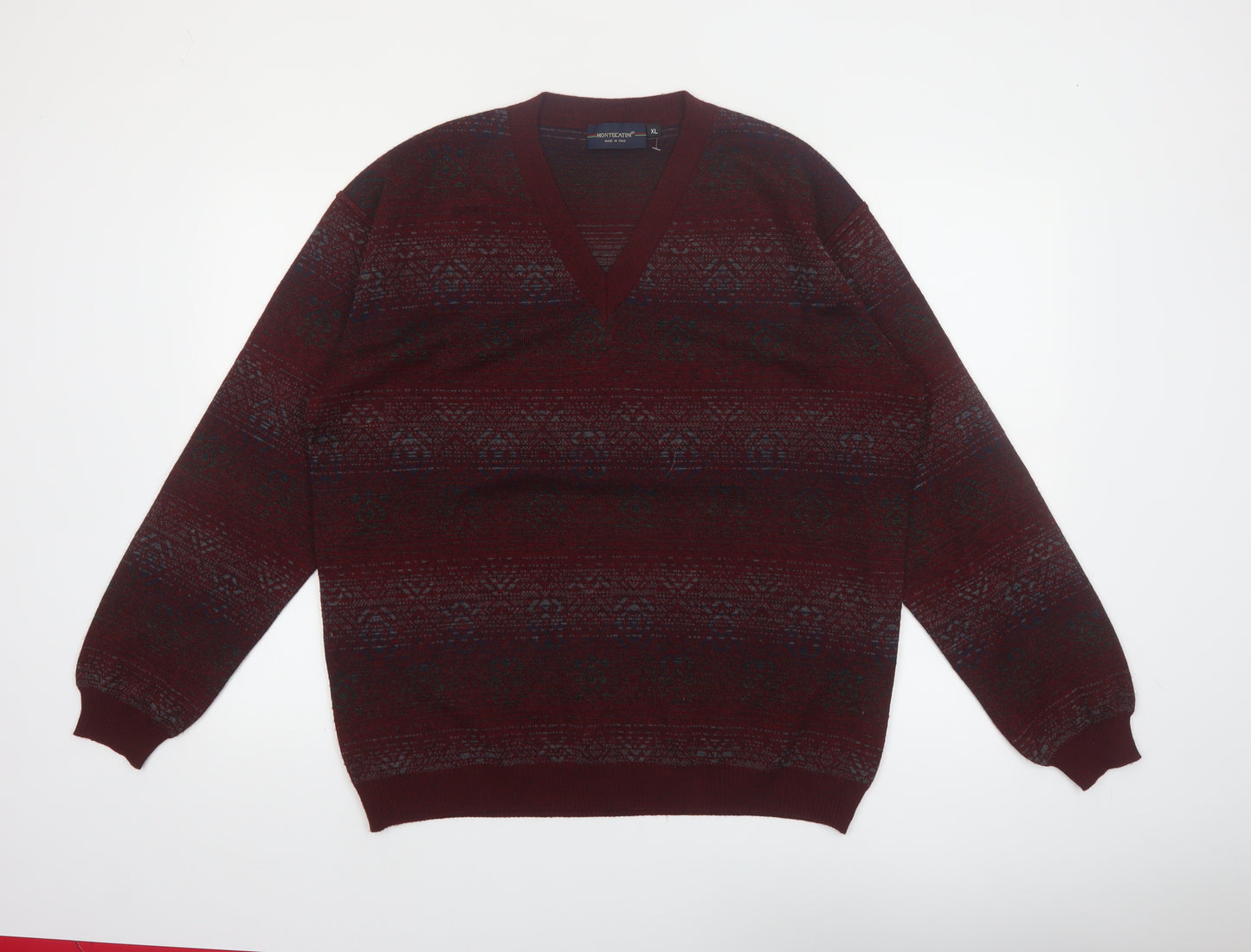 Montecatini Men's Red Fair Isle Wool Blend V-Neck Jumper XL