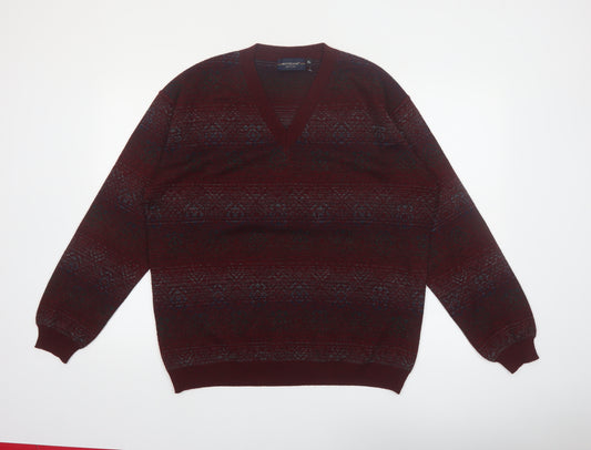 Montecatini Men's Red Fair Isle Wool Blend V-Neck Jumper XL