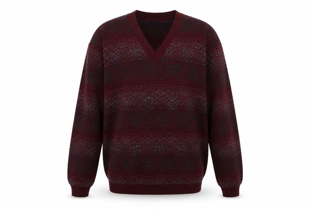 Front view of Montecatini Men's Red Fair Isle Wool Blend V-Neck Jumper XL