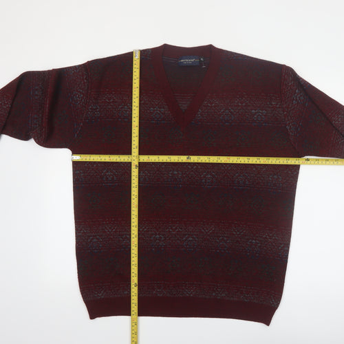 Montecatini Men's Red Fair Isle Wool Blend V-Neck Jumper XL